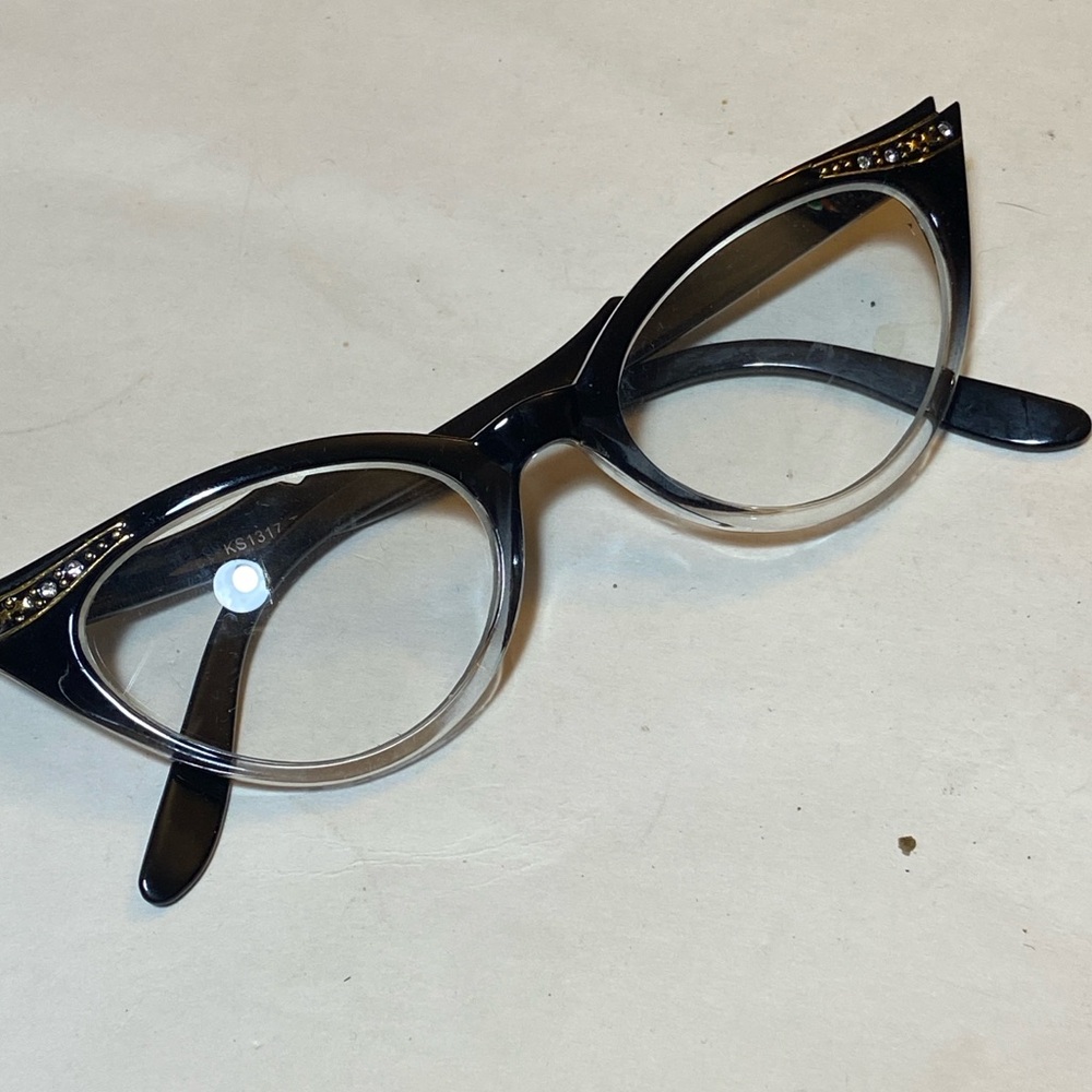 VTG Taiwan 50's Womens Cat Eye Clear Lens Glasses KS1317 Black Fade/ Rhinestones